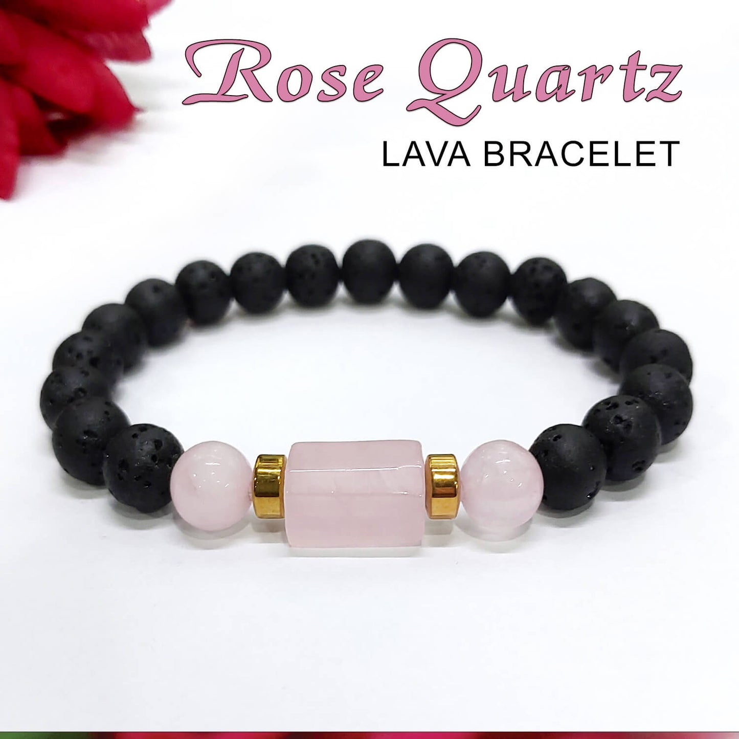 Rose Quartz Matte Tumble Bracelet With Lava Stone And Golden Hematite