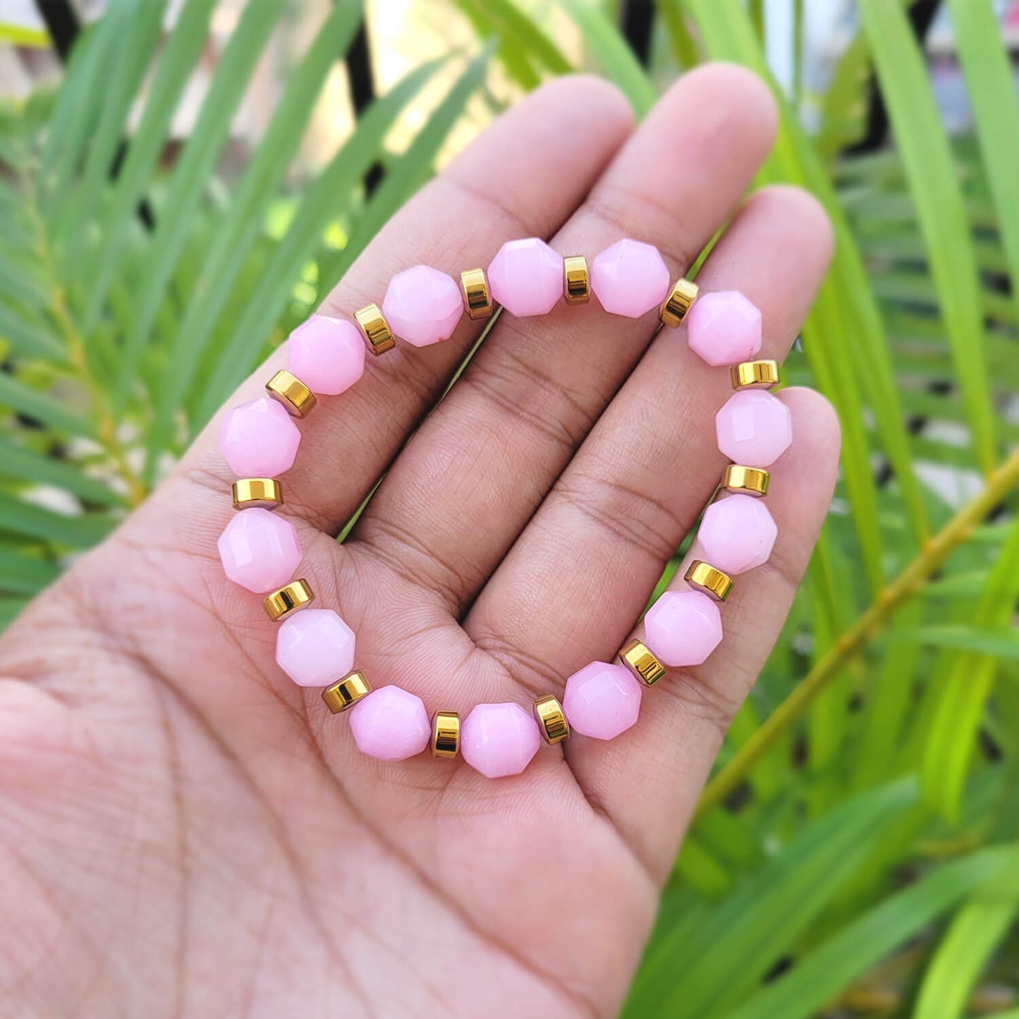 Diamond Cut Rose Quartz With Golden Hematite Natural Stone Bracelet