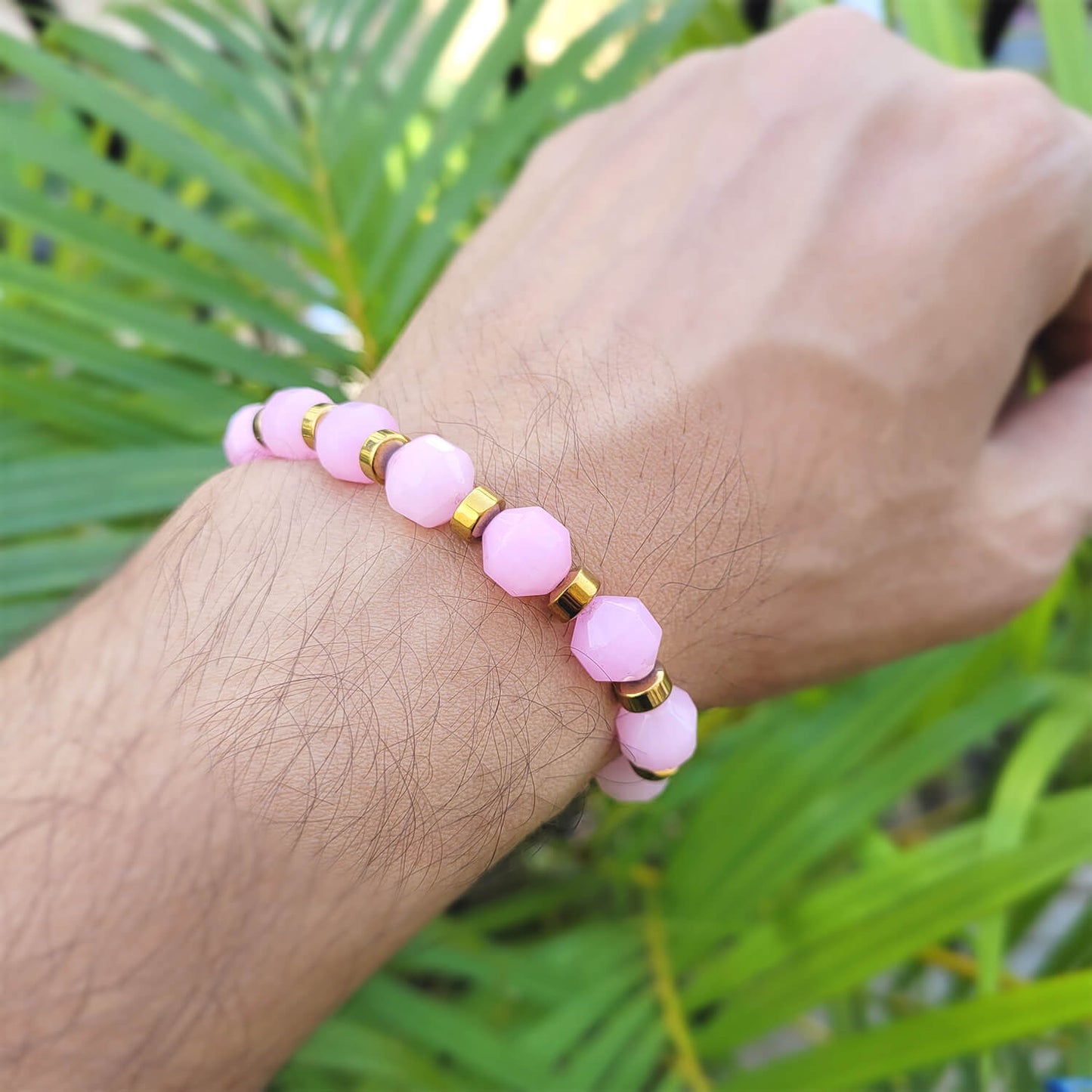 Diamond Cut Rose Quartz With Golden Hematite Natural Stone Bracelet