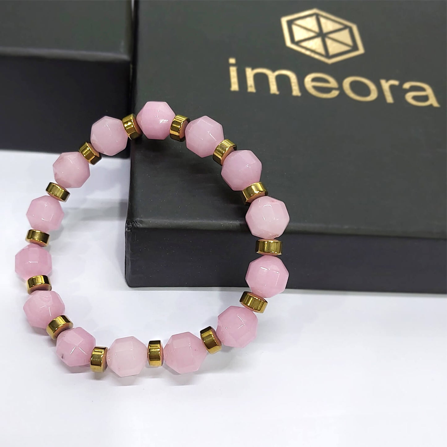 Diamond Cut Rose Quartz With Golden Hematite Natural Stone Bracelet