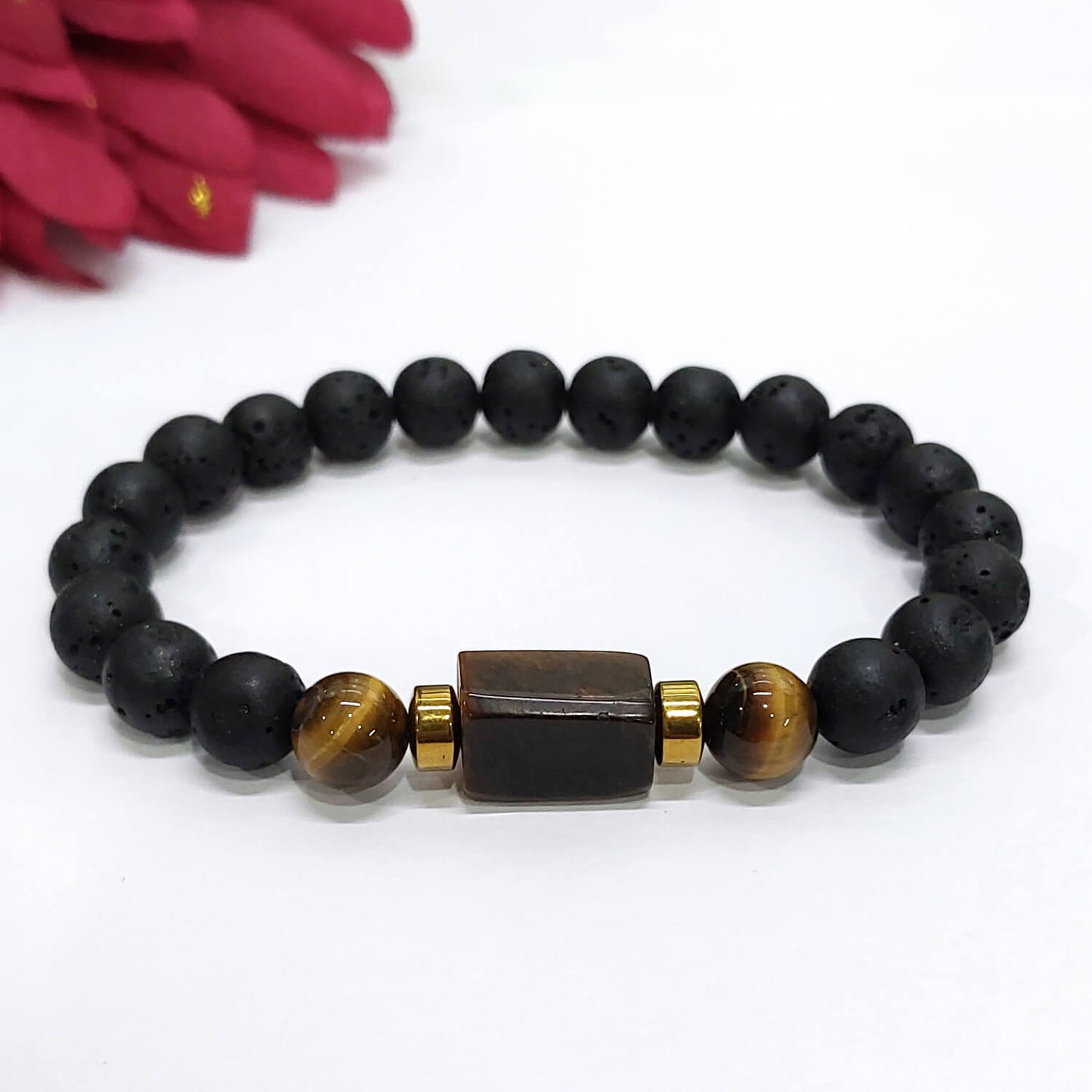 Tiger Eye Matte Tumble Bracelet With Lava Stone And Golden Hematite