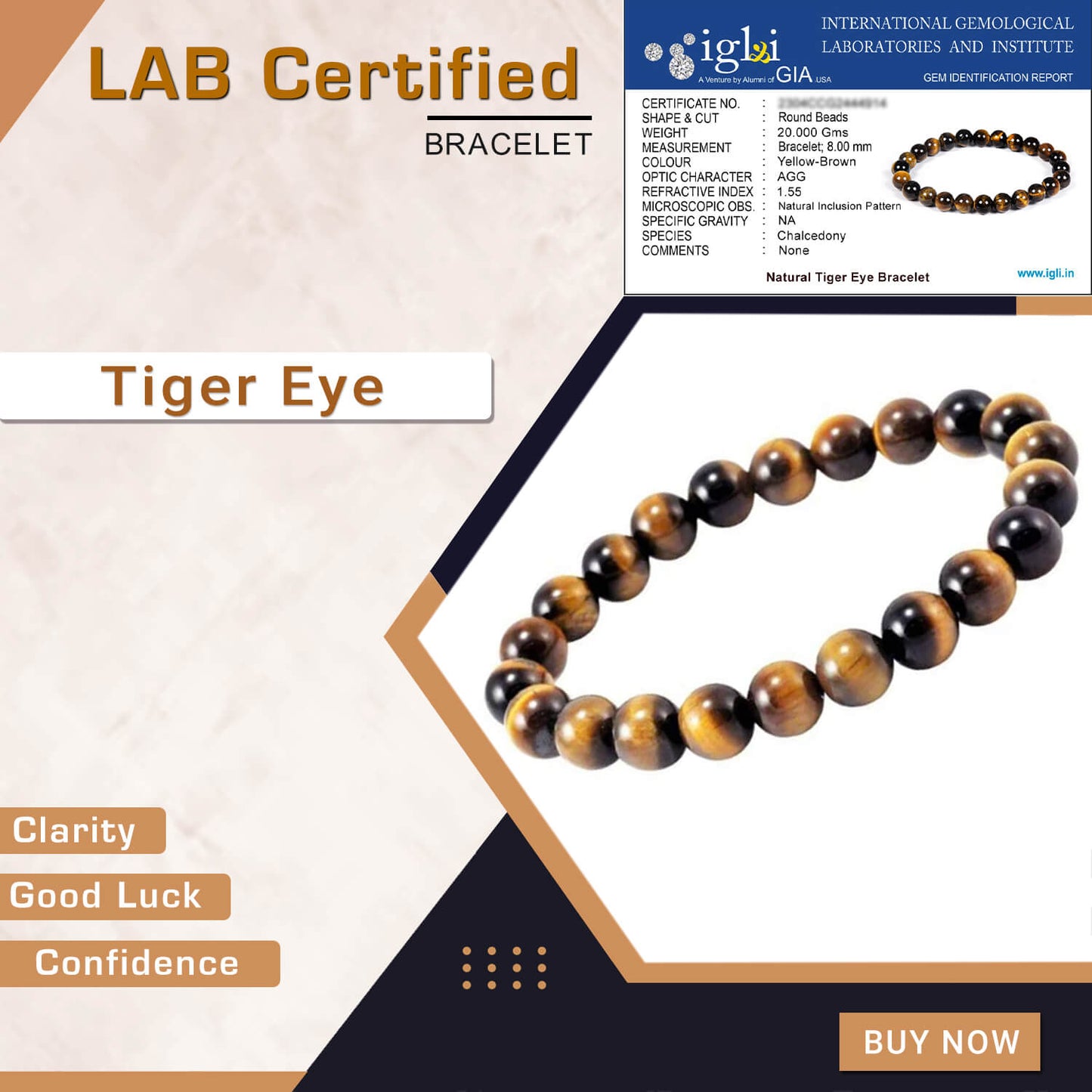 Certified Tiger Eye 8mm Natural Stone Bracelet