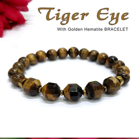 Diamond Cut Tiger Eye With Golden Hematite Natural Stone Bracelet