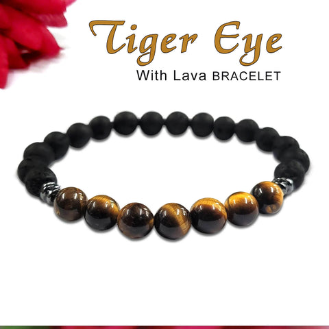 Certified Tiger Eye 8mm Natural Stone Bracelet With Lava Stone