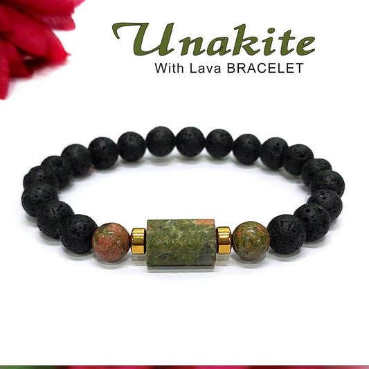 Unakite Matte Tumble Bracelet With Lava Stone And Golden Hematite