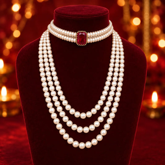Maharani Pearl Combo Set – Ruby Choker & 3-Layer Necklace