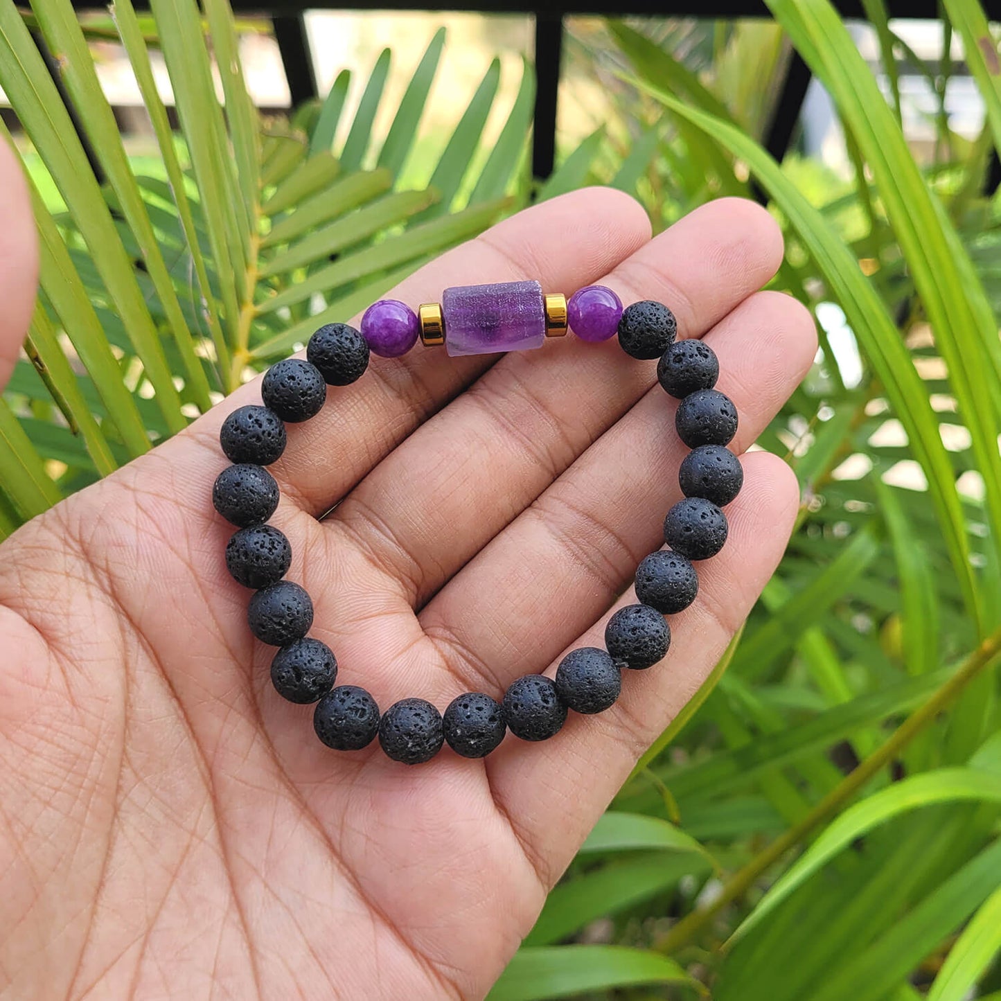 Amethyst Matte Tumble Bracelet With Lava Stone And Golden Hematite