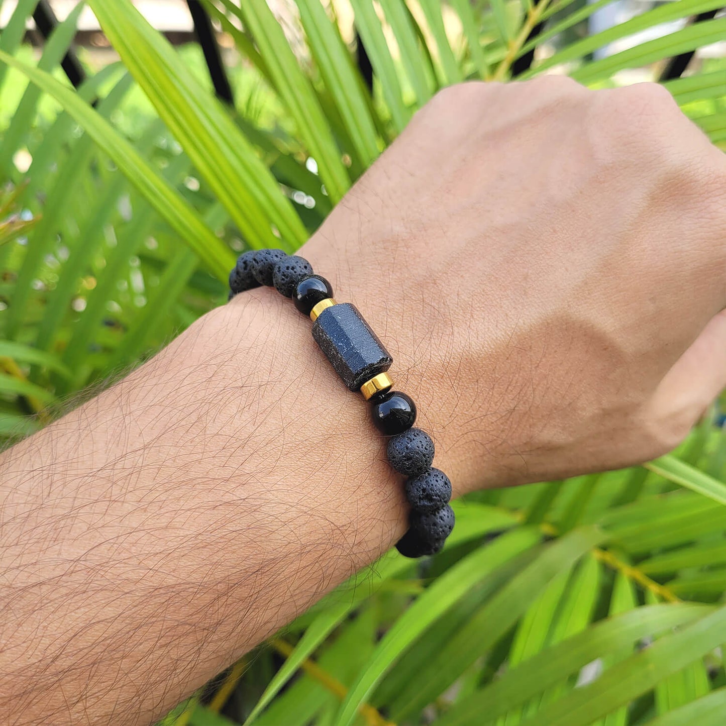 Black Tourmaline Matte Tumble Bracelet With Lava Stone And Golden Hematite