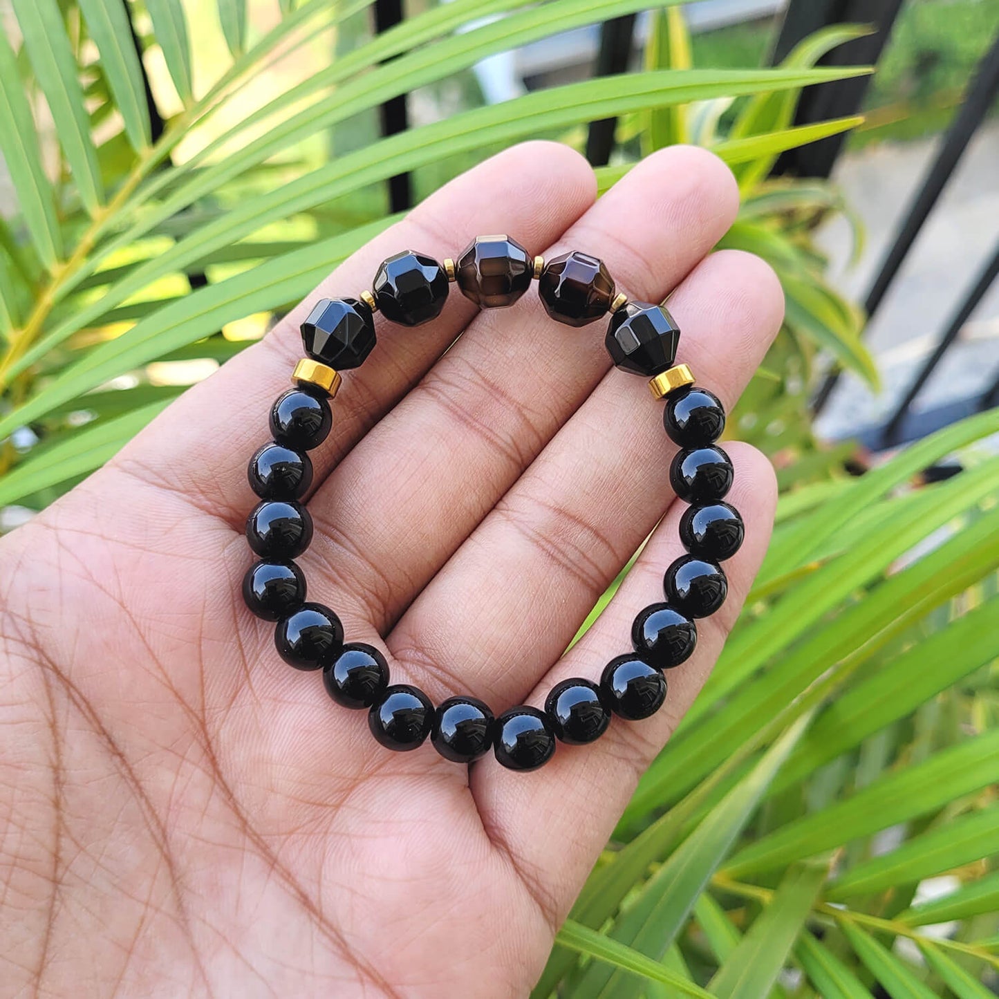 Diamond Cut Black Onyx With Golden Hematite Natural Stone Bracelet