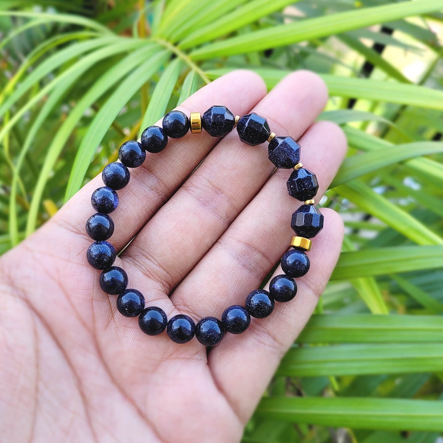 Diamond Cut Blue Sunstone With Golden Hematite Natural Stone Bracelet