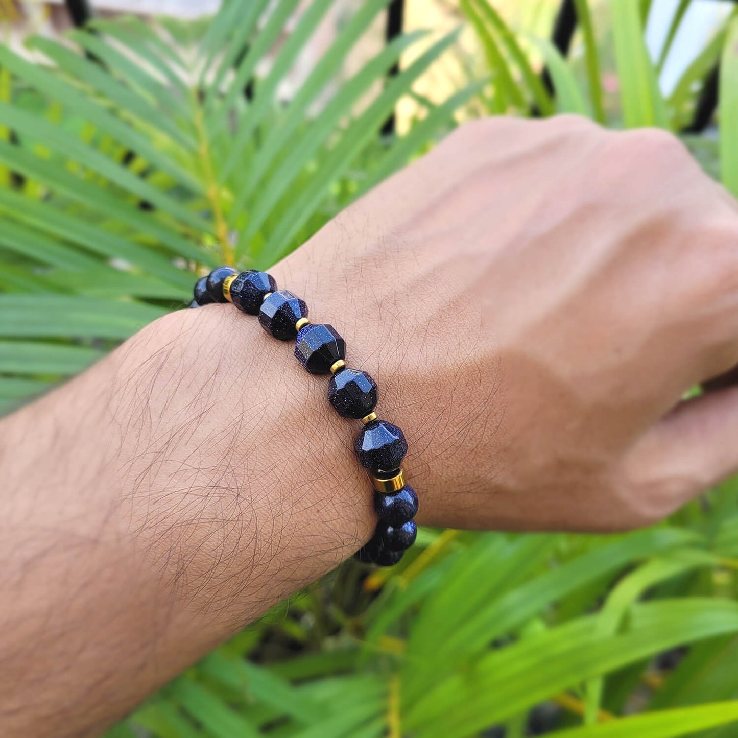 Diamond Cut Blue Sunstone With Golden Hematite Natural Stone Bracelet