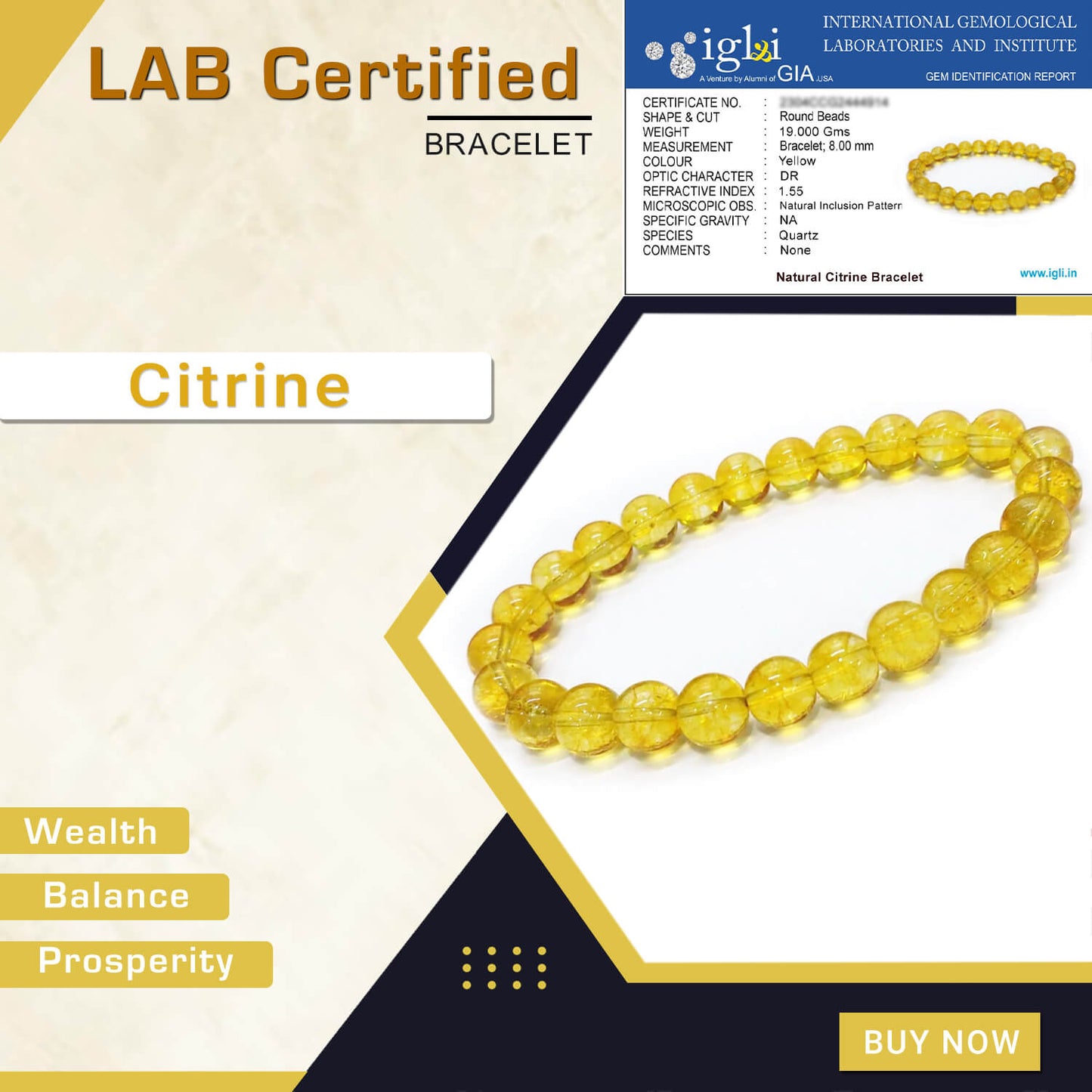 Citrine Bracelet Premium - Certified 8mm Natural Stone Bracelet