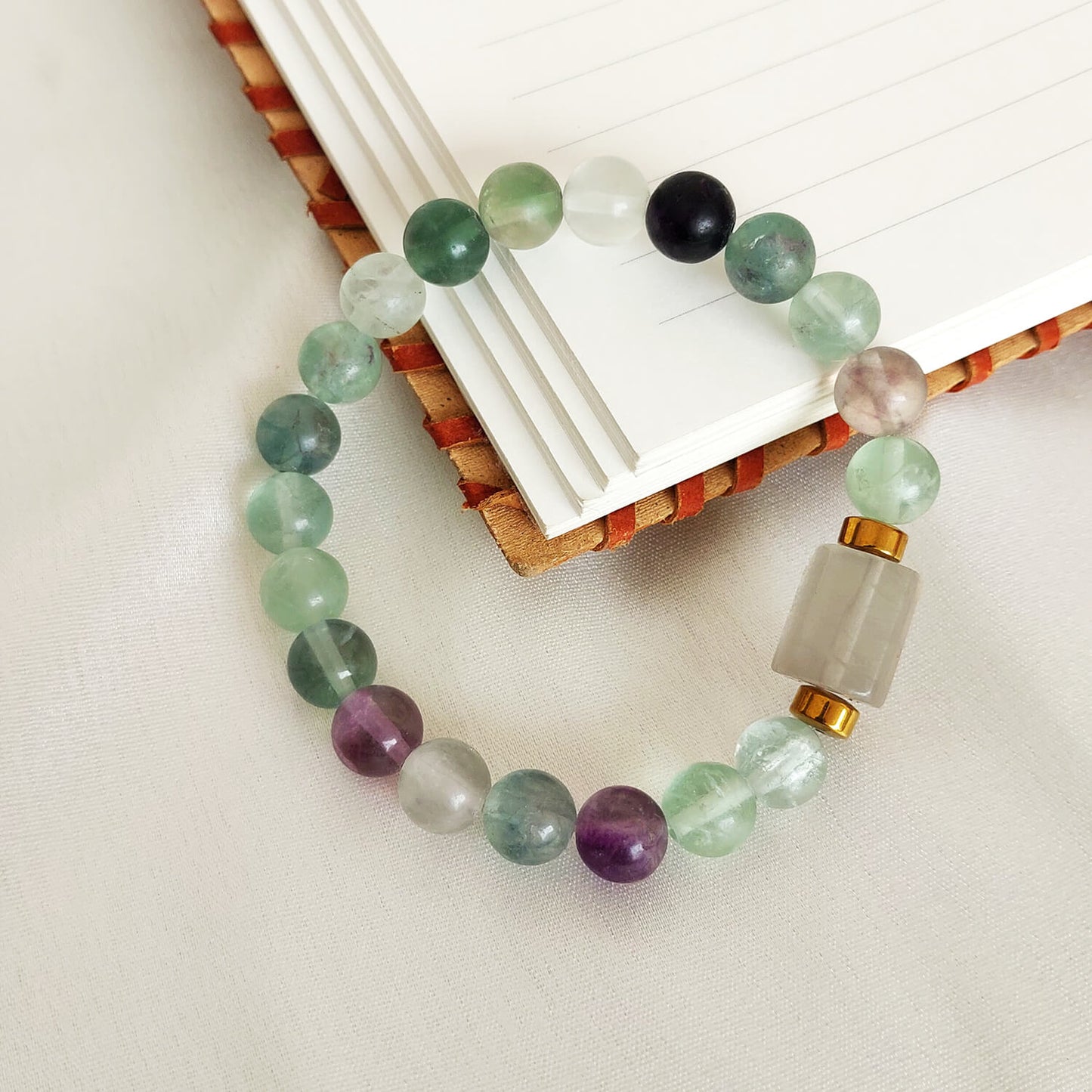 Fluorite Matte Tumble Natural Stone Bracelet With Golden Hematite