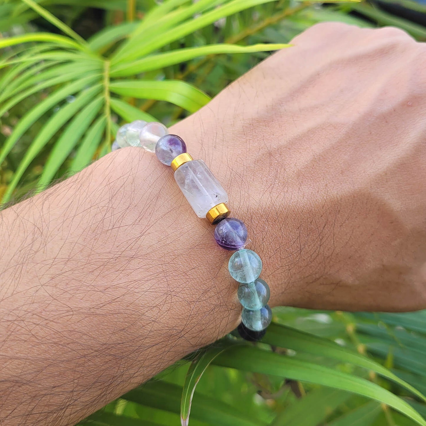 Fluorite Matte Tumble Natural Stone Bracelet With Golden Hematite