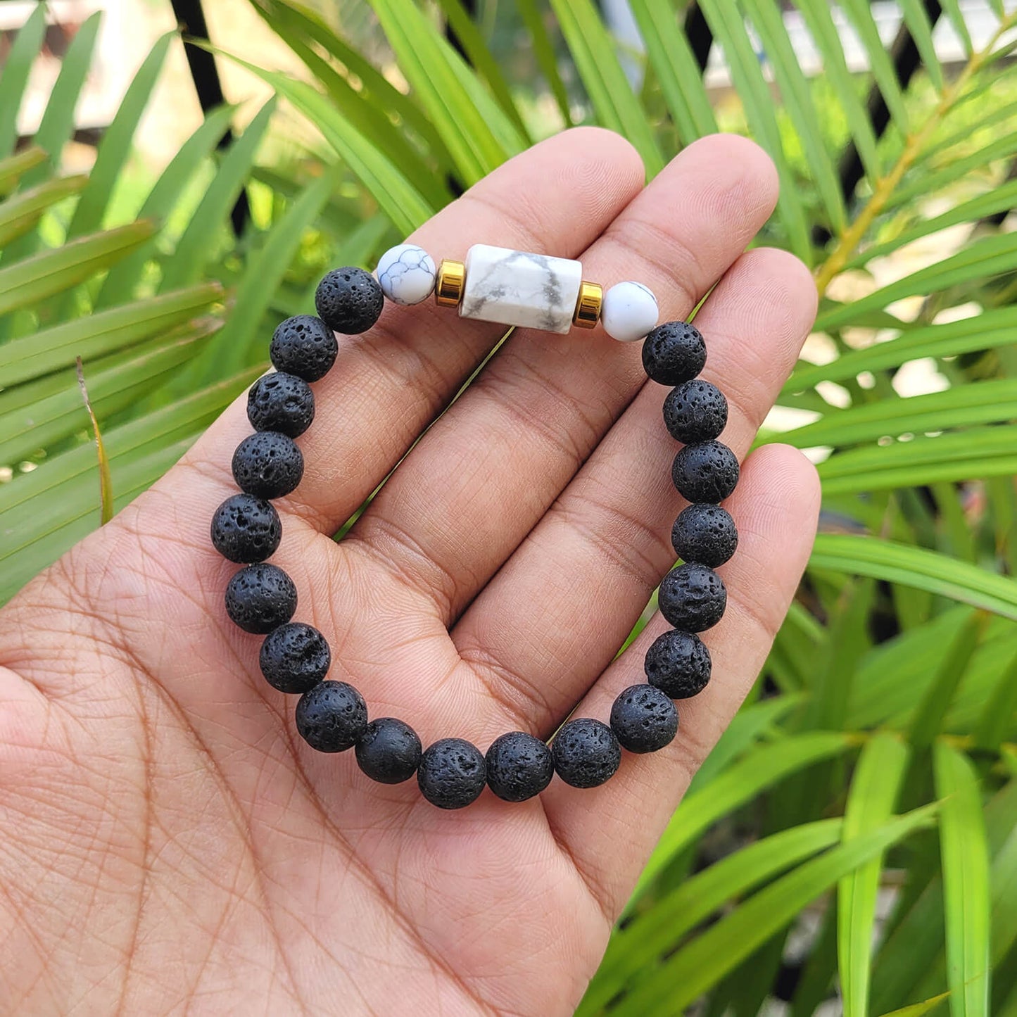 Howlite Matte Tumble Bracelet With Lava Stone And Golden Hematite