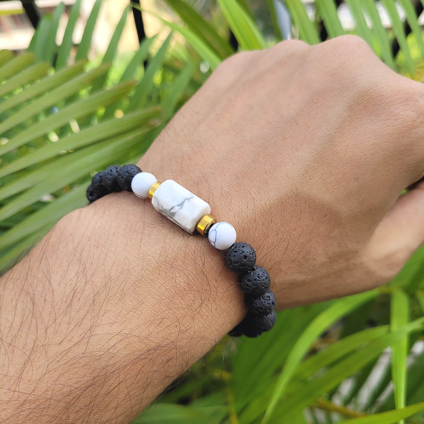 Howlite Matte Tumble Bracelet With Lava Stone And Golden Hematite