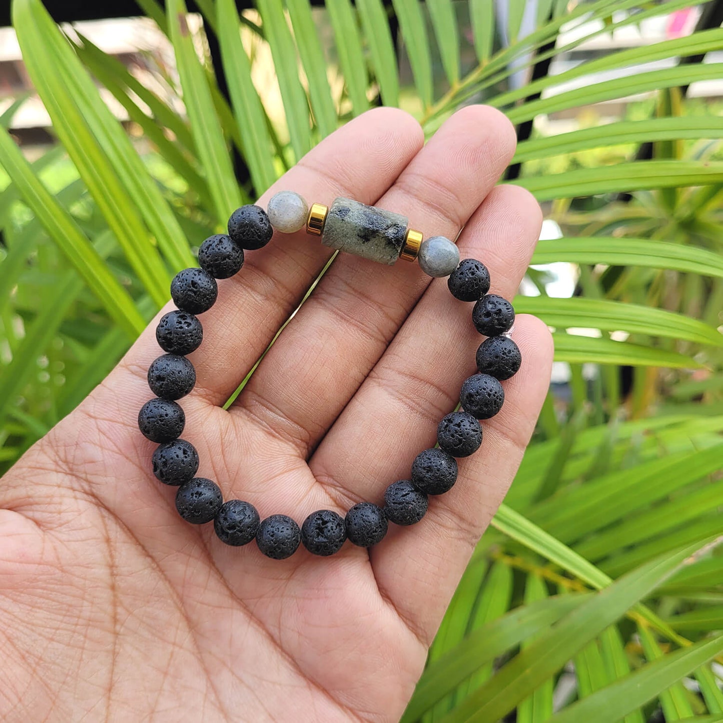 Premium Labradorite Matte Tumble Bracelet With Lava Stone And Golden Hematite