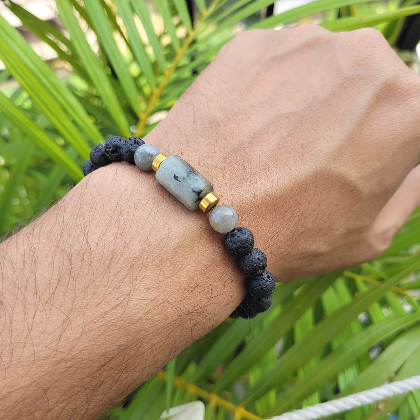 Premium Labradorite Matte Tumble Bracelet With Lava Stone And Golden Hematite