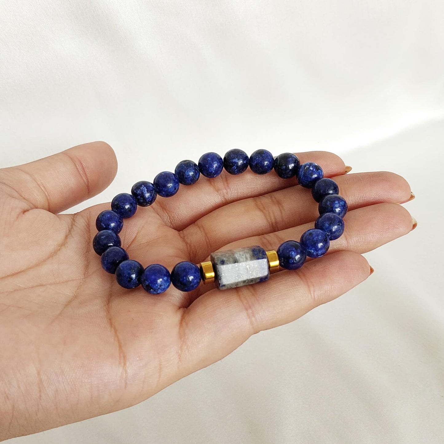 Lapis Lazuli Matte Tumble Natural Stone Bracelet With Golden Hematite