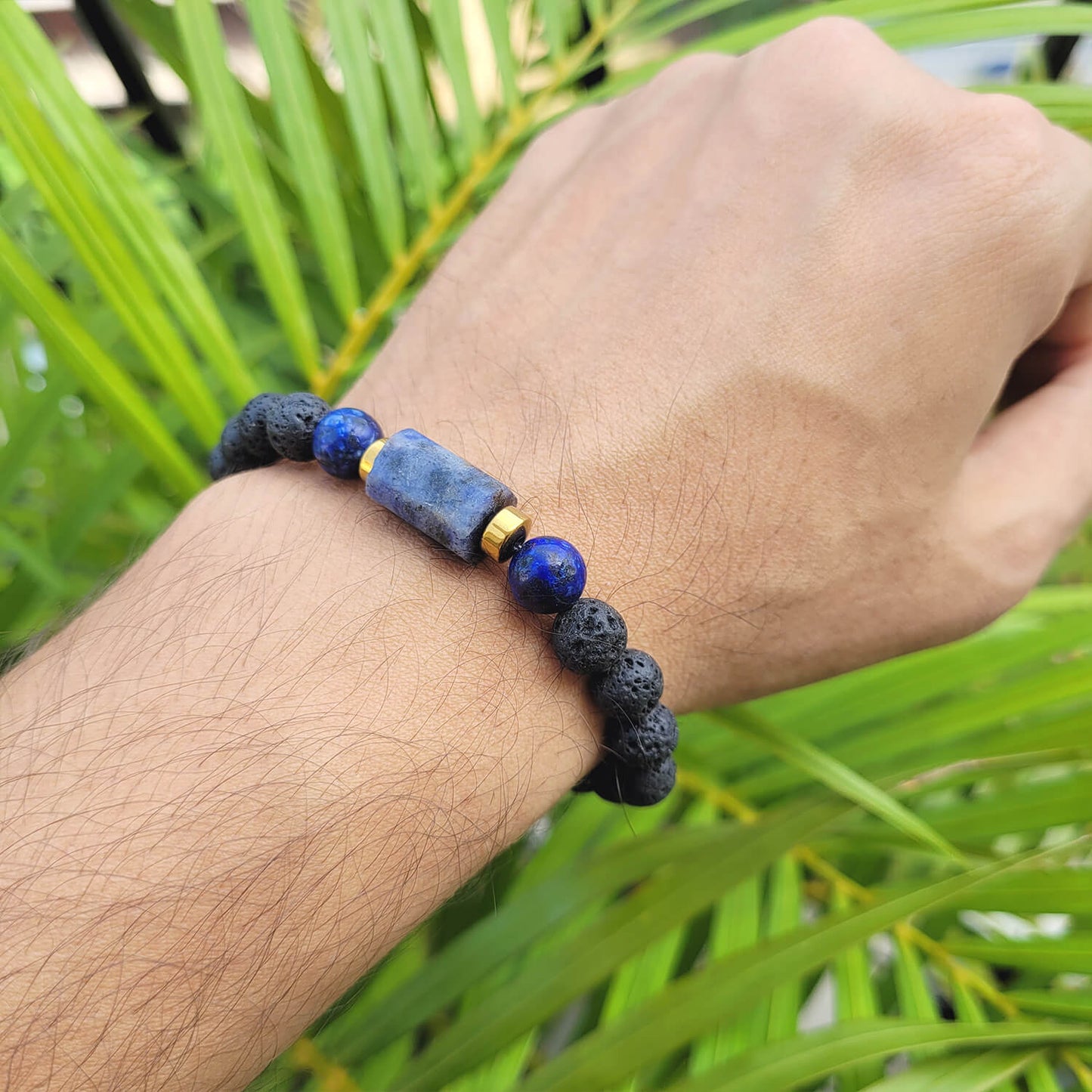 Lapis Lazuli Matte Tumble Bracelet With Lava Stone And Golden Hematite