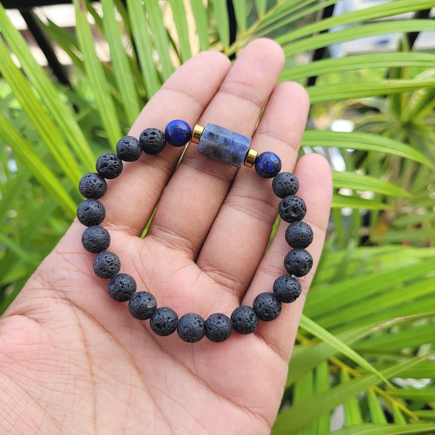 Lapis Lazuli Matte Tumble Bracelet With Lava Stone And Golden Hematite