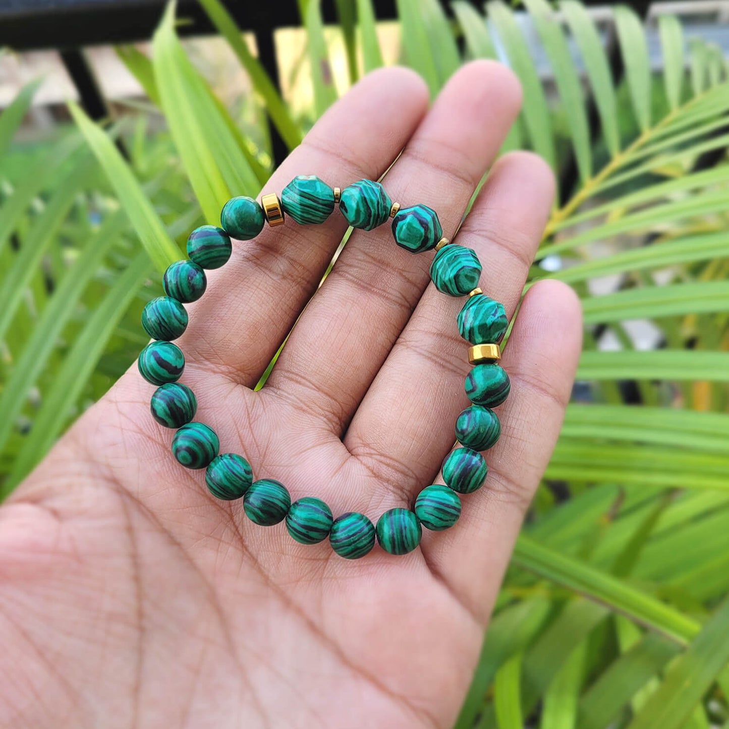 Diamond Cut Malachite Jade With Golden Hematite Natural Stone Bracelet