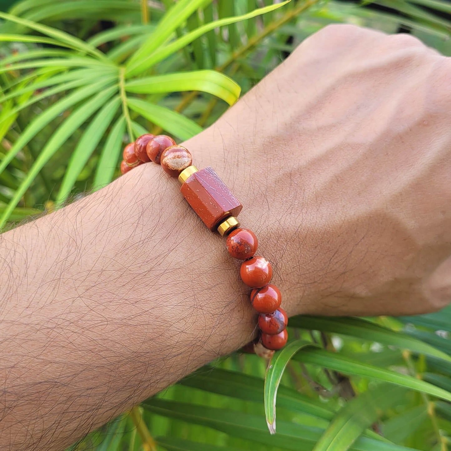 Red Jasper Tumble Natural Stone Bracelet With Golden Hematite