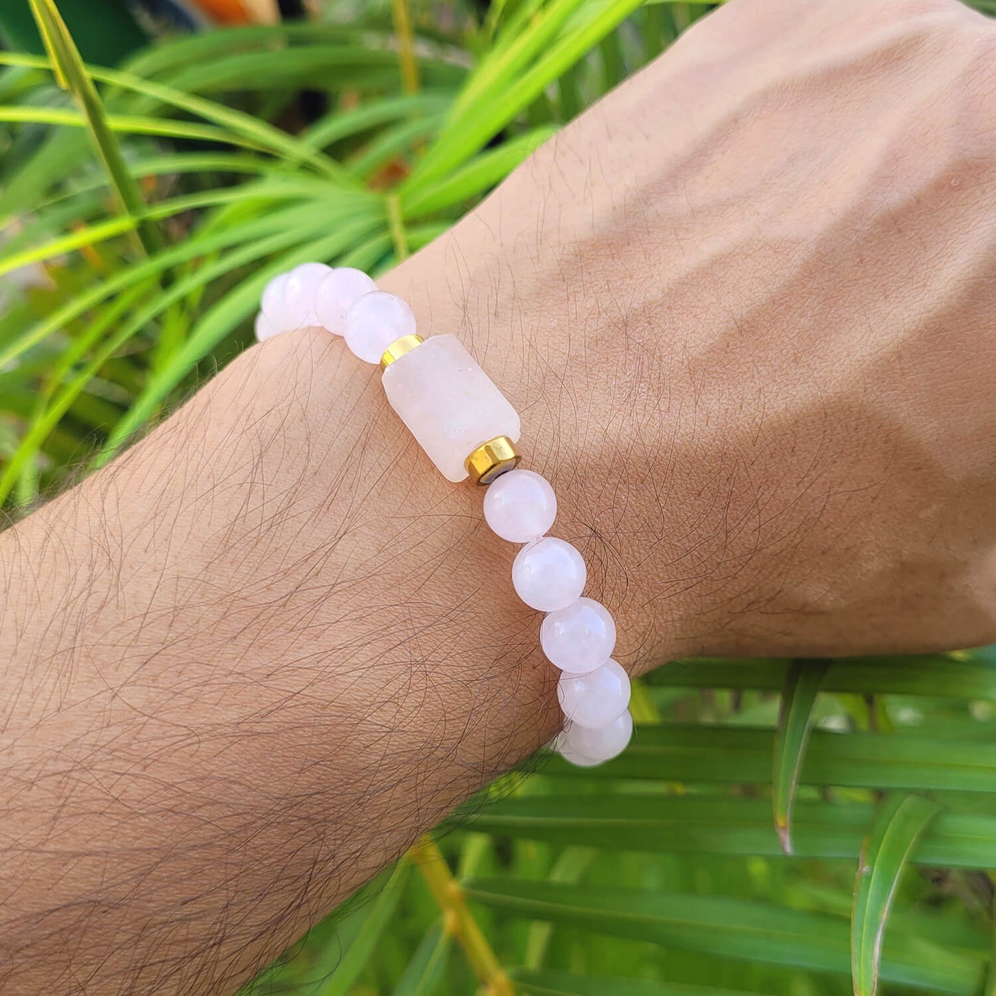 Rose Quartz Matte Tumble Natural Stone Bracelet With Golden Hematite