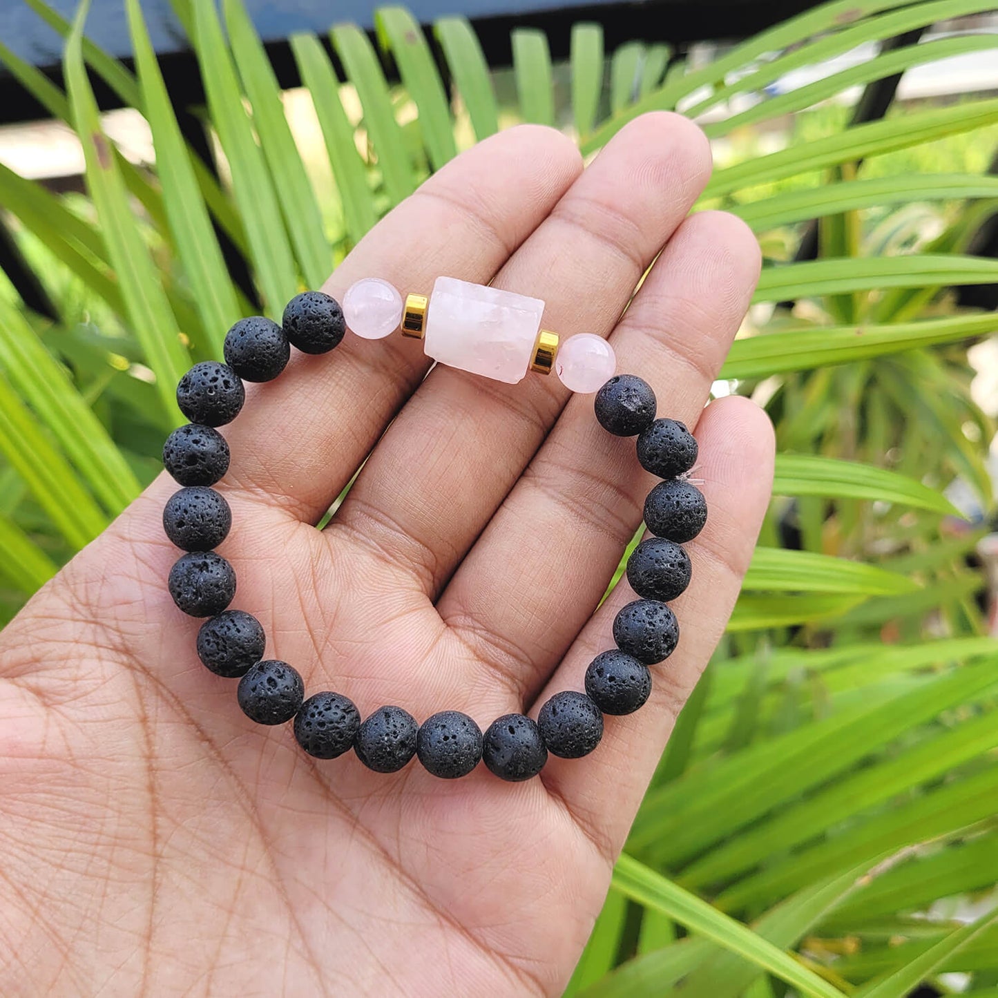 Rose Quartz Matte Tumble Bracelet With Lava Stone And Golden Hematite