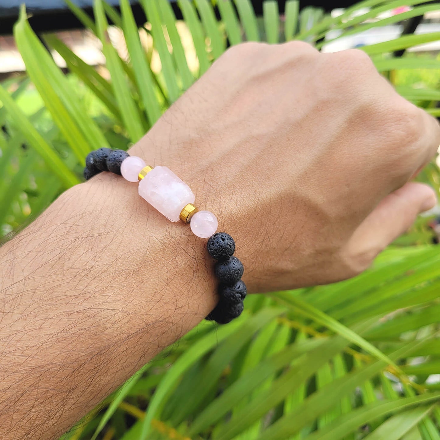 Rose Quartz Matte Tumble Bracelet With Lava Stone And Golden Hematite