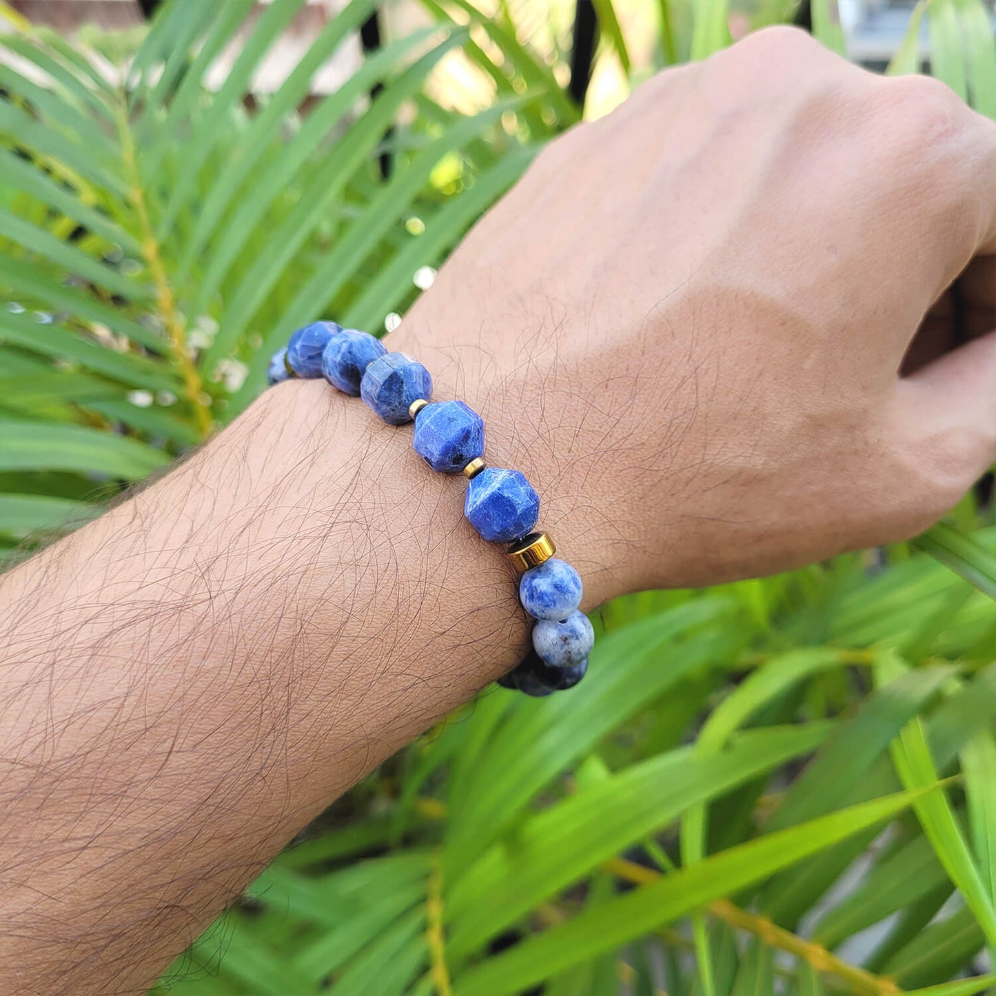 Diamond Cut Sodalite With Golden Hematite Natural Stone Bracelet