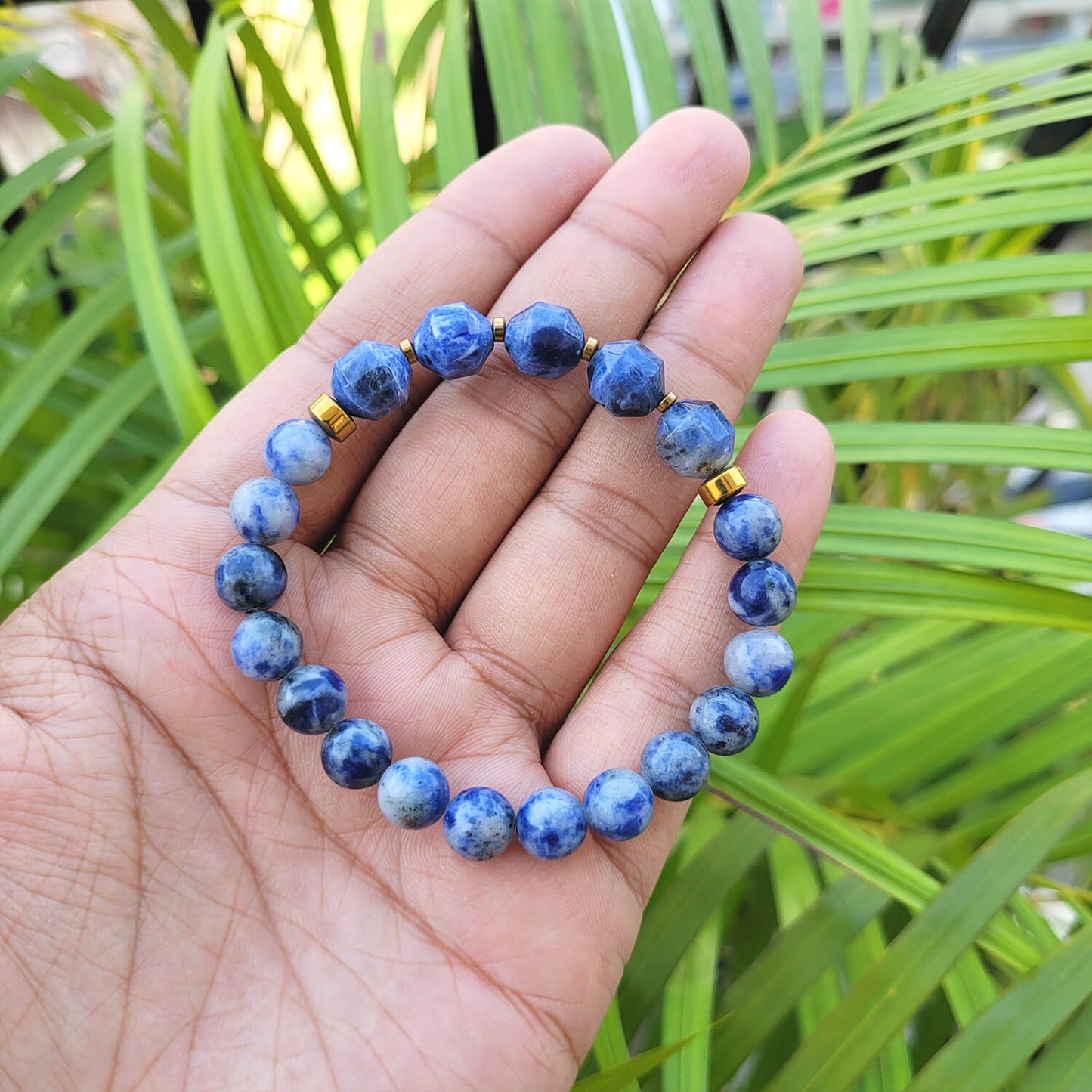 Diamond Cut Sodalite With Golden Hematite Natural Stone Bracelet