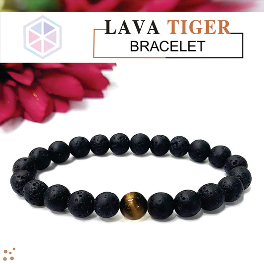 Certified Lava Natural Stone 8mm Bracelet With Tiger Eye