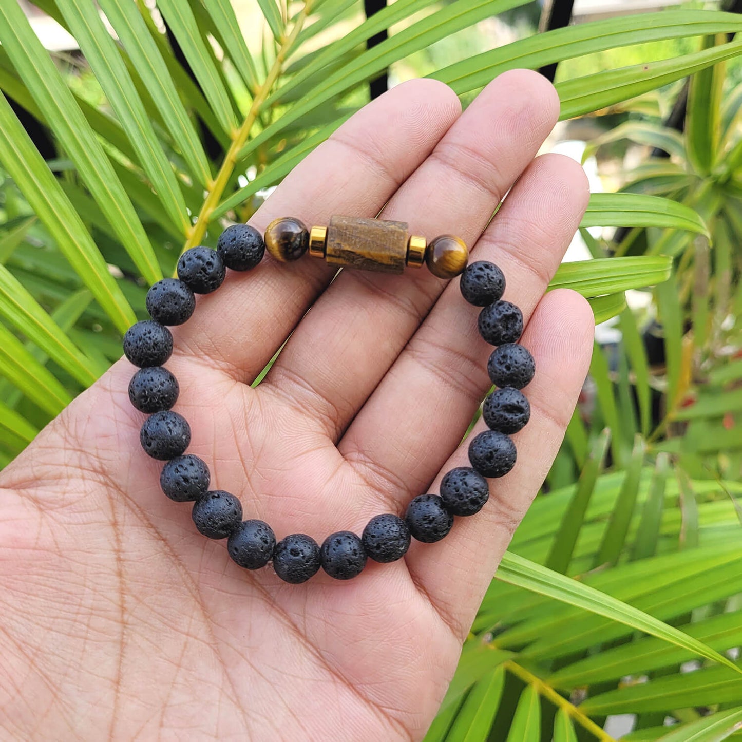 Tiger Eye Matte Tumble Bracelet With Lava Stone And Golden Hematite