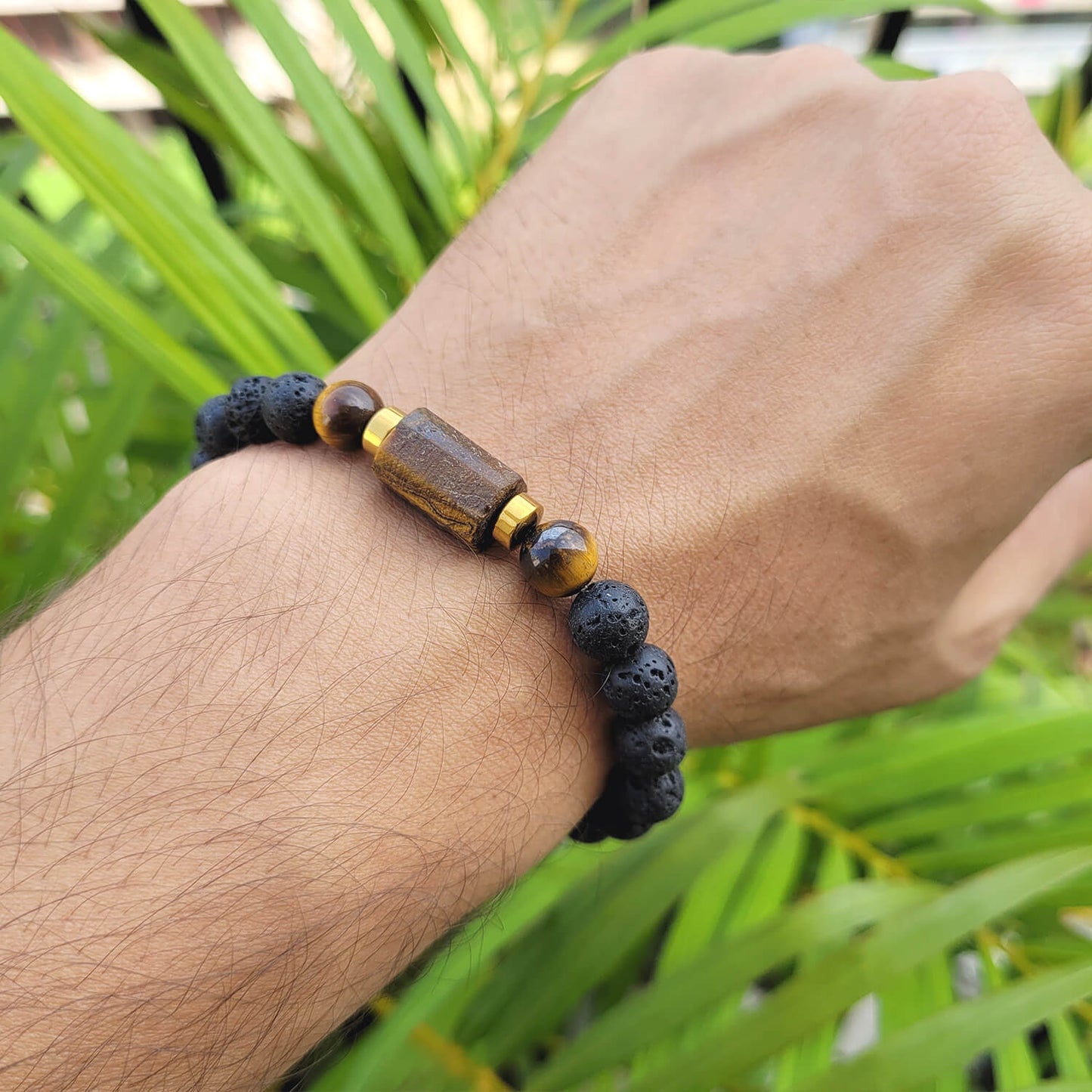 Tiger Eye Matte Tumble Bracelet With Lava Stone And Golden Hematite