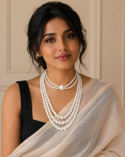 Classic Layered Pearl Necklace Set With Choker