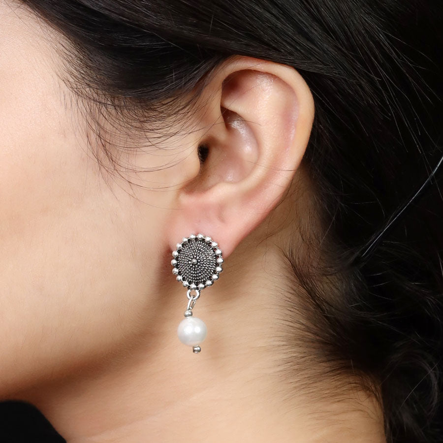 Imeora Oxidised Silver Stud With Pearl Hanging Earrings