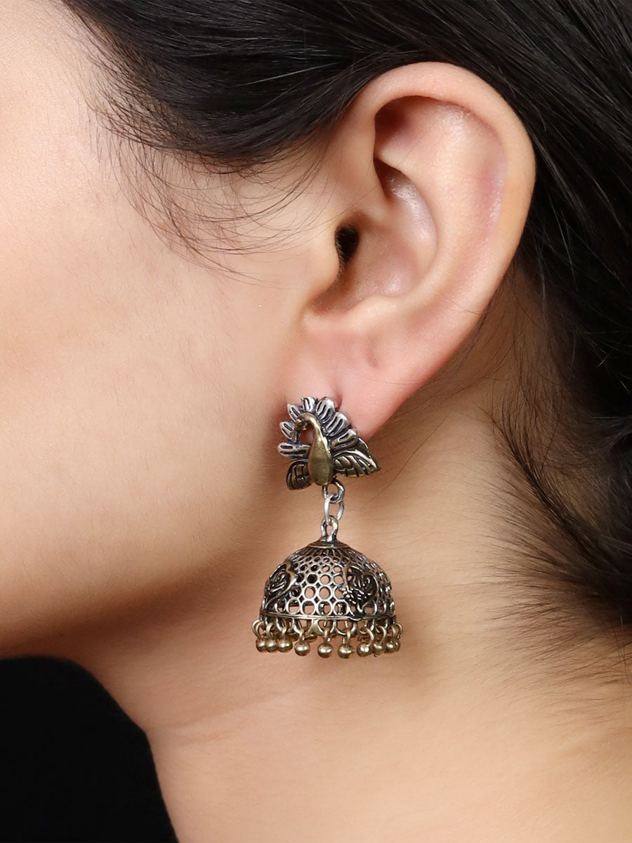 Imeora Oxidised Silver Peacock With Jhumki Earrings