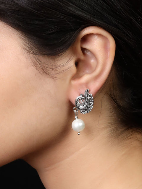 Imeora Oxidised Silver Stud With Peacock And Pearl Hanging Earrings