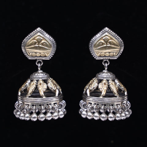 925 Silver Dual Tone Multi Peacock Handmade Earring with Silver Ball Hanging Jhumki