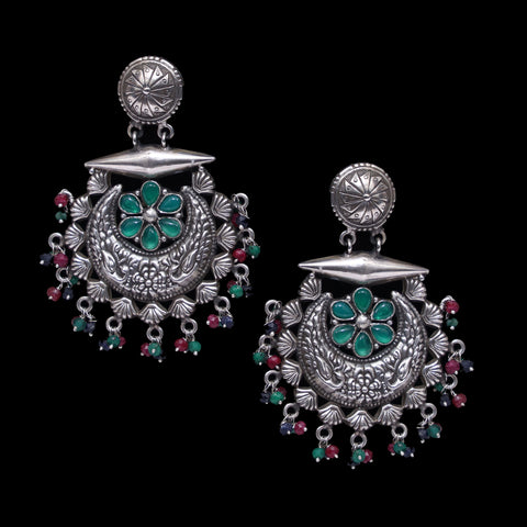 925 Silver Half Moon Multicolor Handmade Earring with Ruby Color and Green Stone Hanging