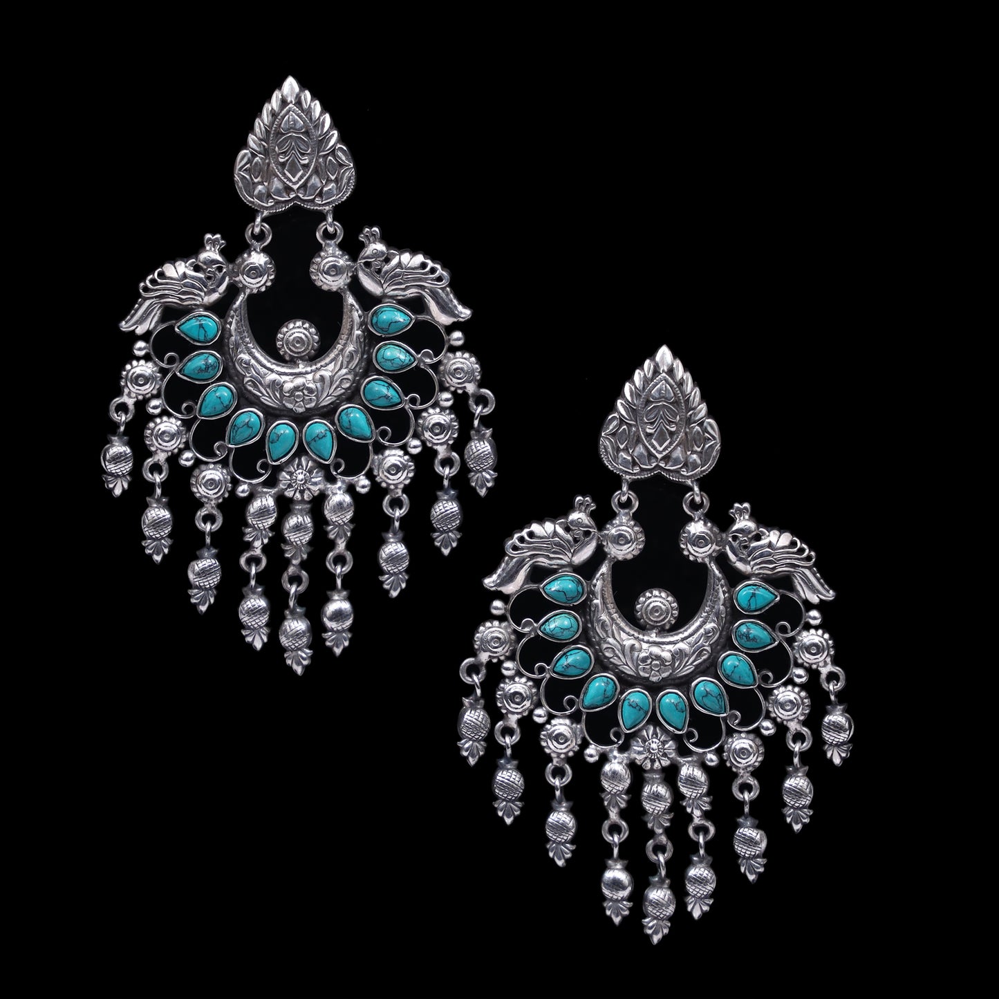 925 Silver Dual Peacock Antique Look Handmade Earring With Turquoise and Silver Ball Hanging