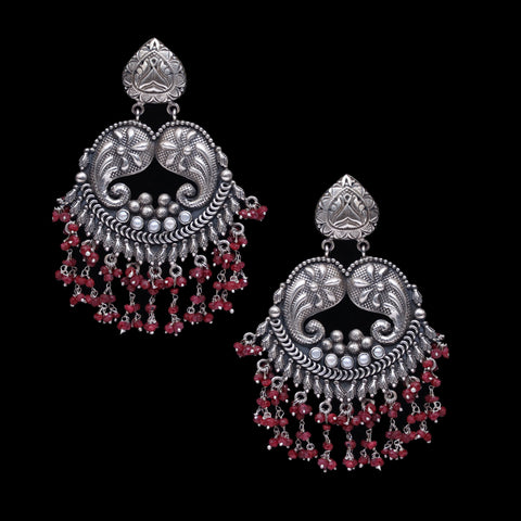 925 Silver Antique Look Handmade Earring With Ruby Color Hanging