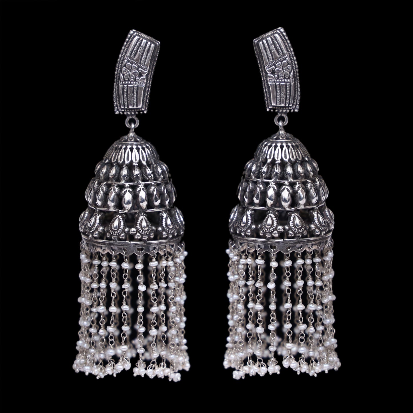 925 Silver Long Antique Look Handmade Earring with Fresh Water Pearl Hanging Jhumki