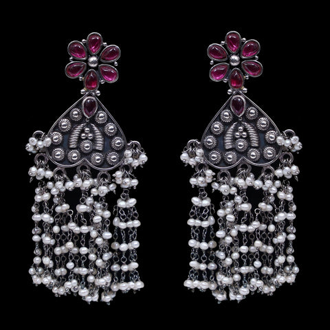 925 Silver Handmade Earring With Ruby Color and Fresh Water Pearl Hanging
