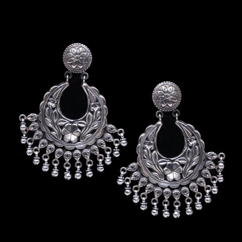 925 Silver Floral Handmade Earring With Silver Ball Hanging