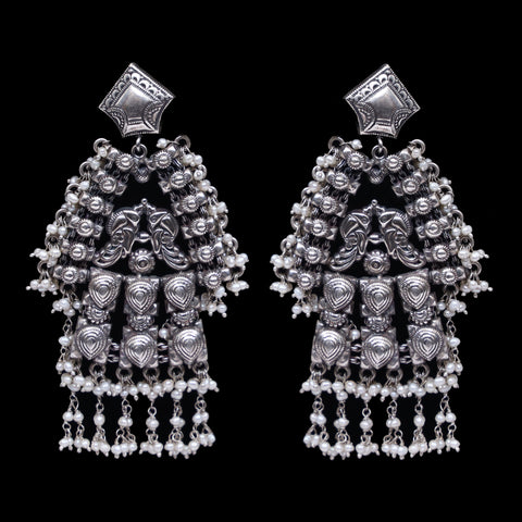 925 Silver Dual Peacock Handmade Earring With Fresh Water Pearls Hanging
