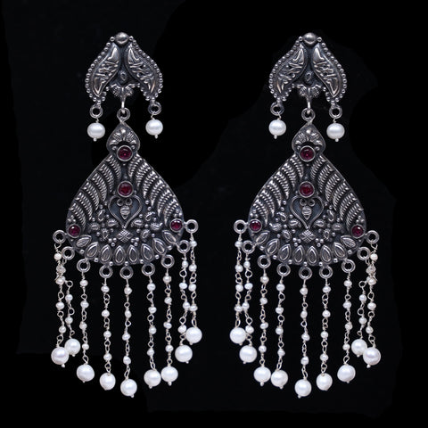 925 Silver Handmade Earring With Ruby Color Stone and Fresh Water Pearls Hanging