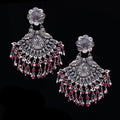 925 Silver Handmade Dual Peacock Earring With Ruby Color Stone and Fresh Water Pearls Hanging
