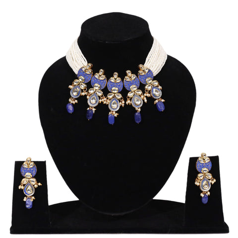Imeora Designer Blue Multi White Line Necklace Set With Stone Hangings And Handmade Dori